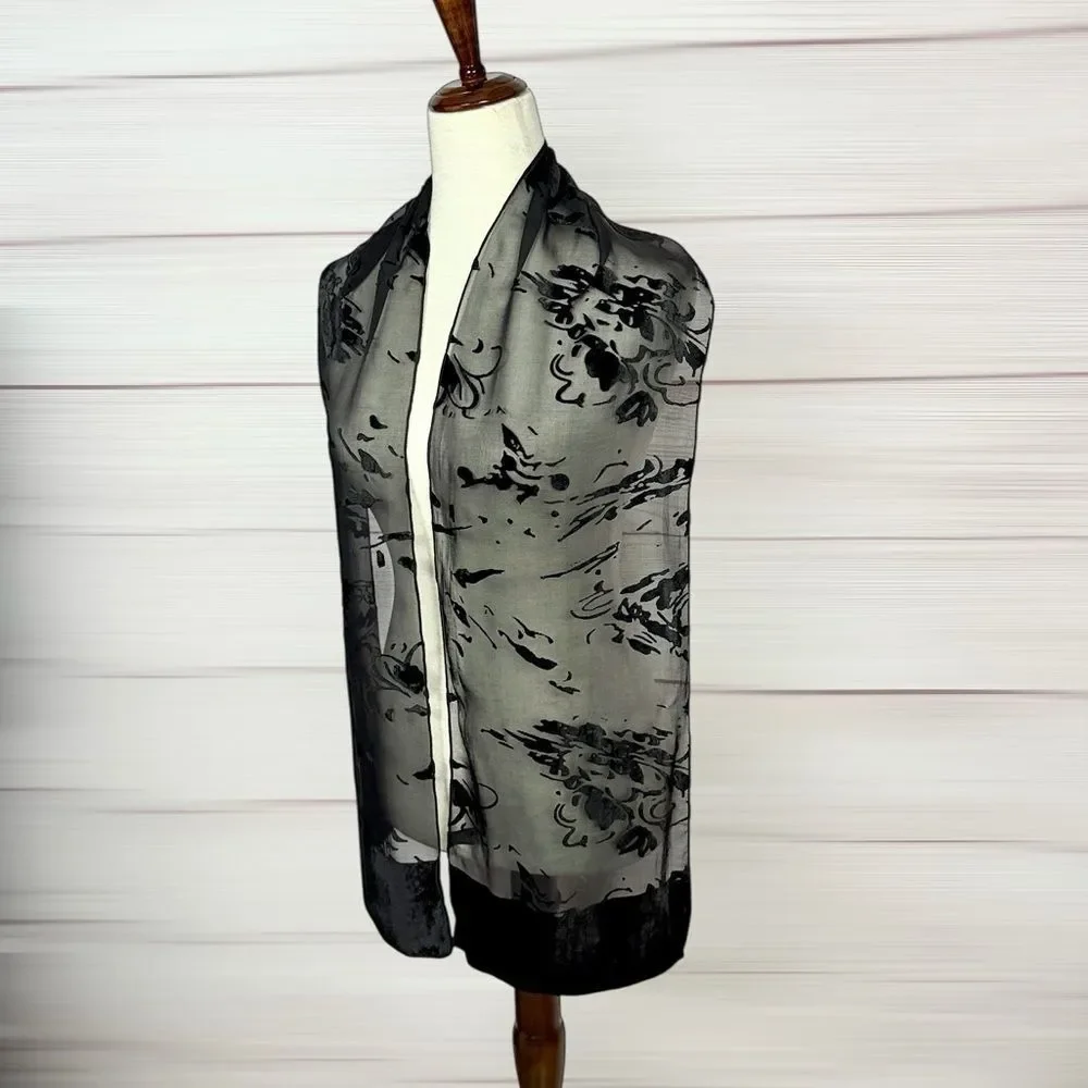 Saldarini Black Burnout Velvet Scarf Rayon Silk Blend Abstract Print Italy